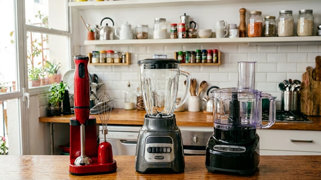 Licuadora, procesadora y minipimer en una cocina moderna