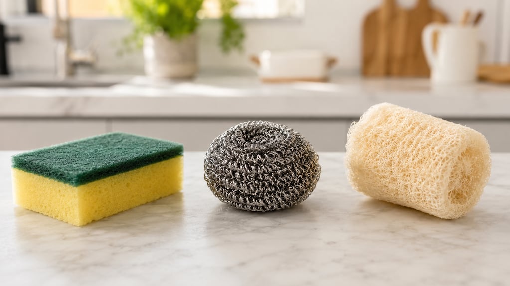 Variedad de esponjas de cocina en una cocina moderna