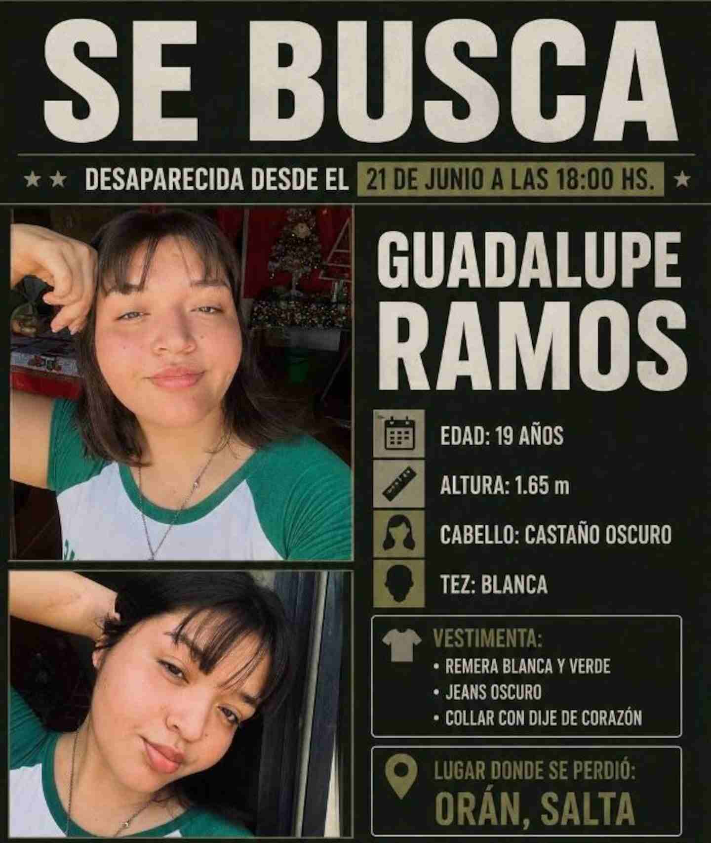Cartel de búsqueda de Guadalupe Ramos, niñera desaparecida de 19 años en Salta