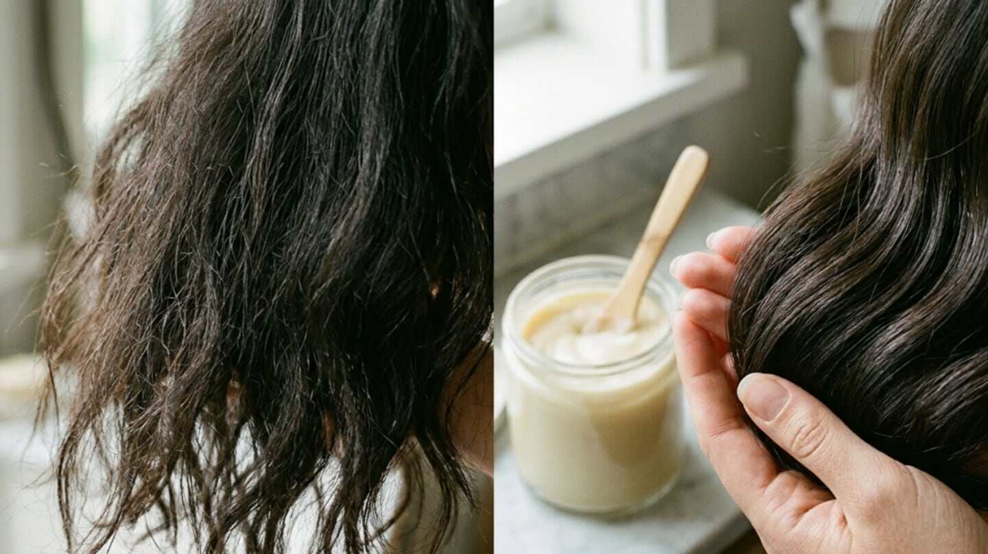 Comparativa de cabello dañado y cabello saludable con tratamiento capilar