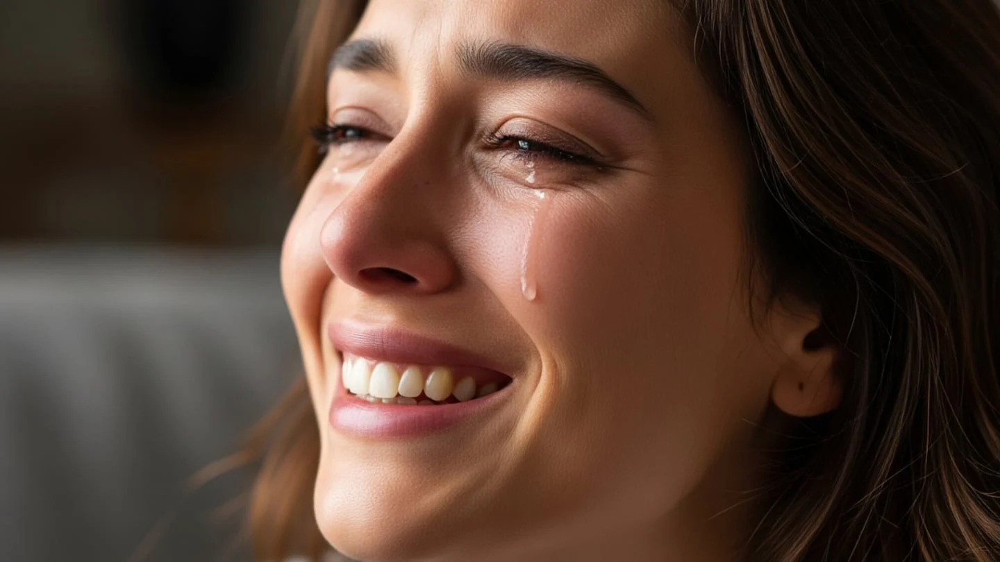 Mujer sonriendo con lágrimas en los ojos, reflejando emociones profundas