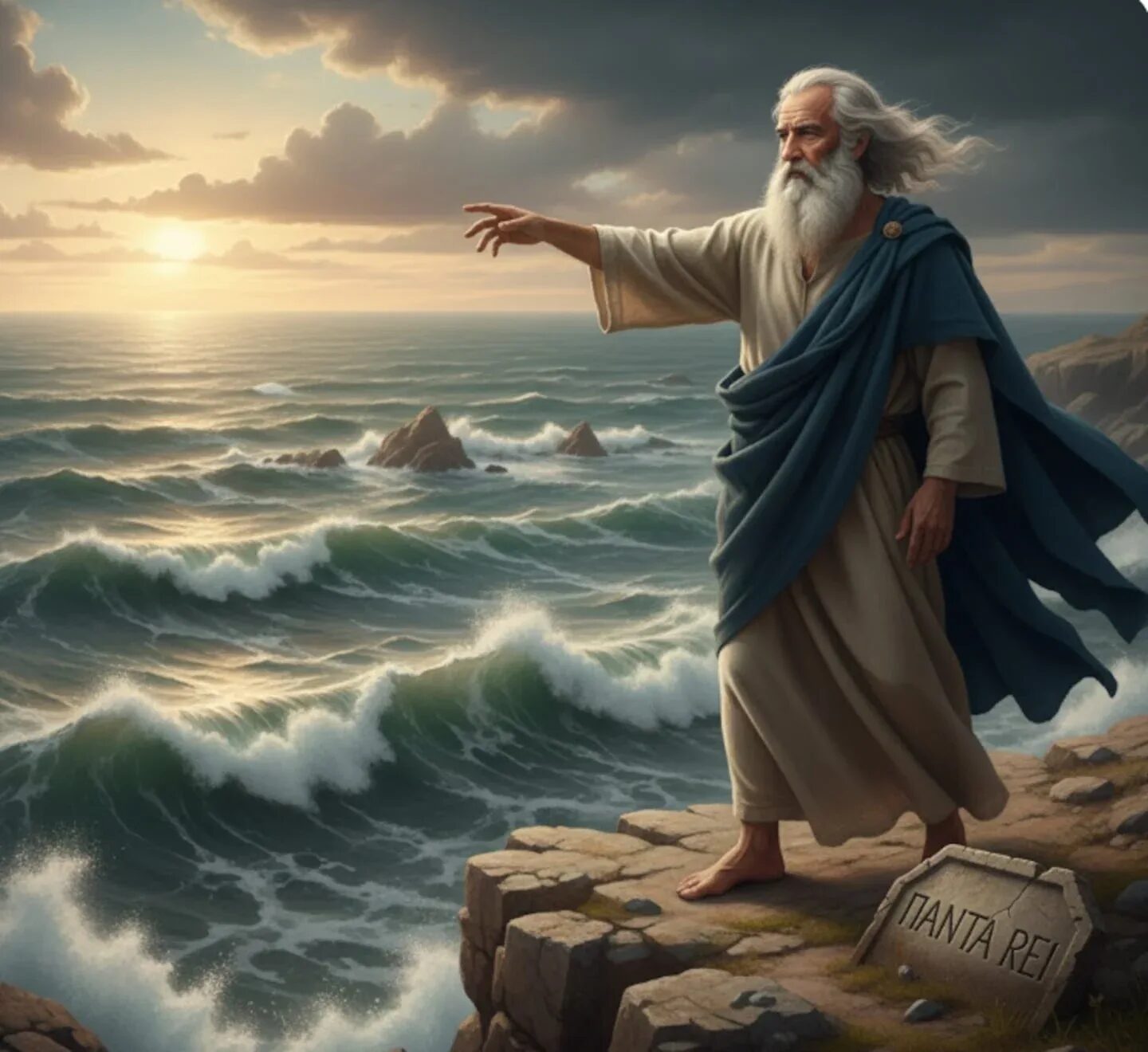 Heráclito de Éfeso contemplando el mar durante el atardecer