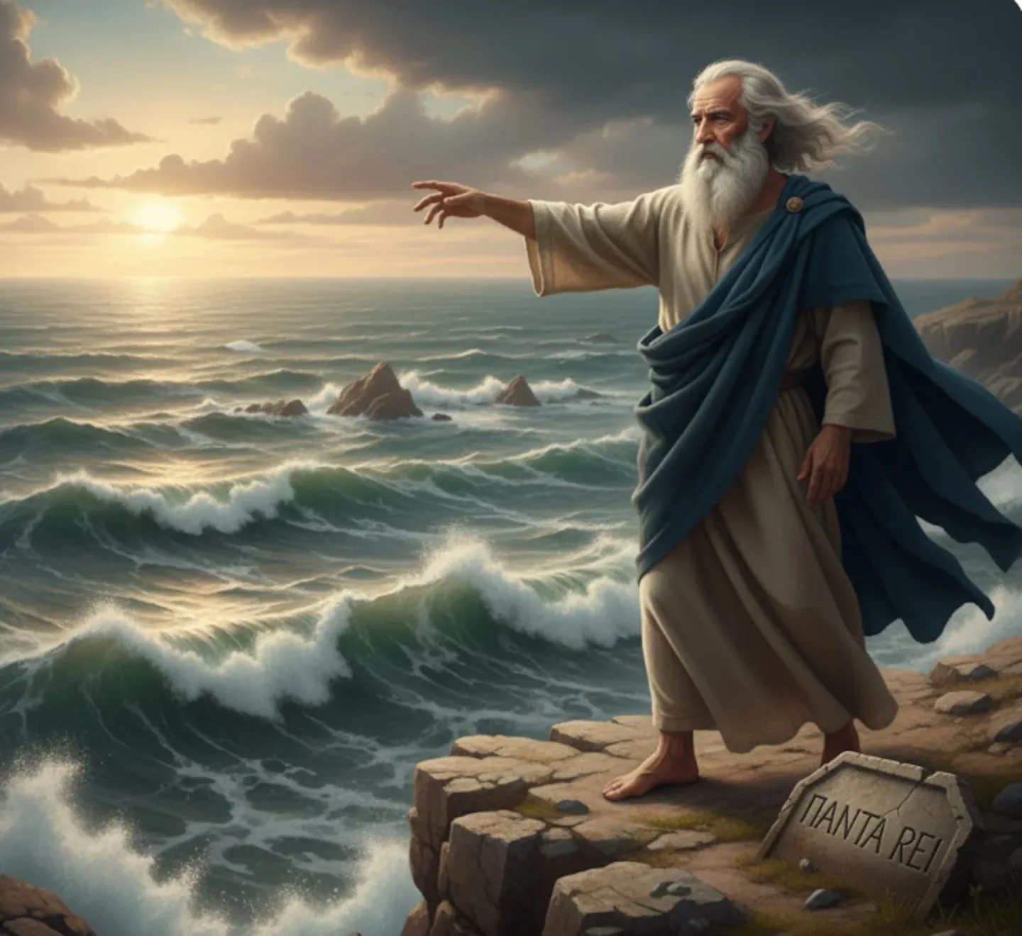 Heráclito de Éfeso contemplando el mar durante el atardecer