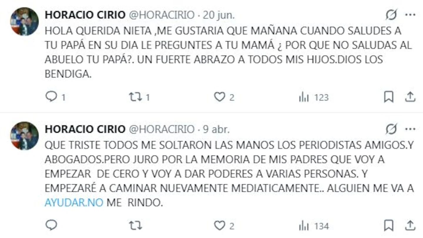 Publicación de Horacio Cirio en Twitter expresando su dolor familiar