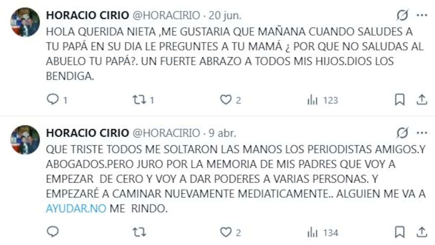 Publicación de Horacio Cirio en Twitter expresando su dolor familiar
