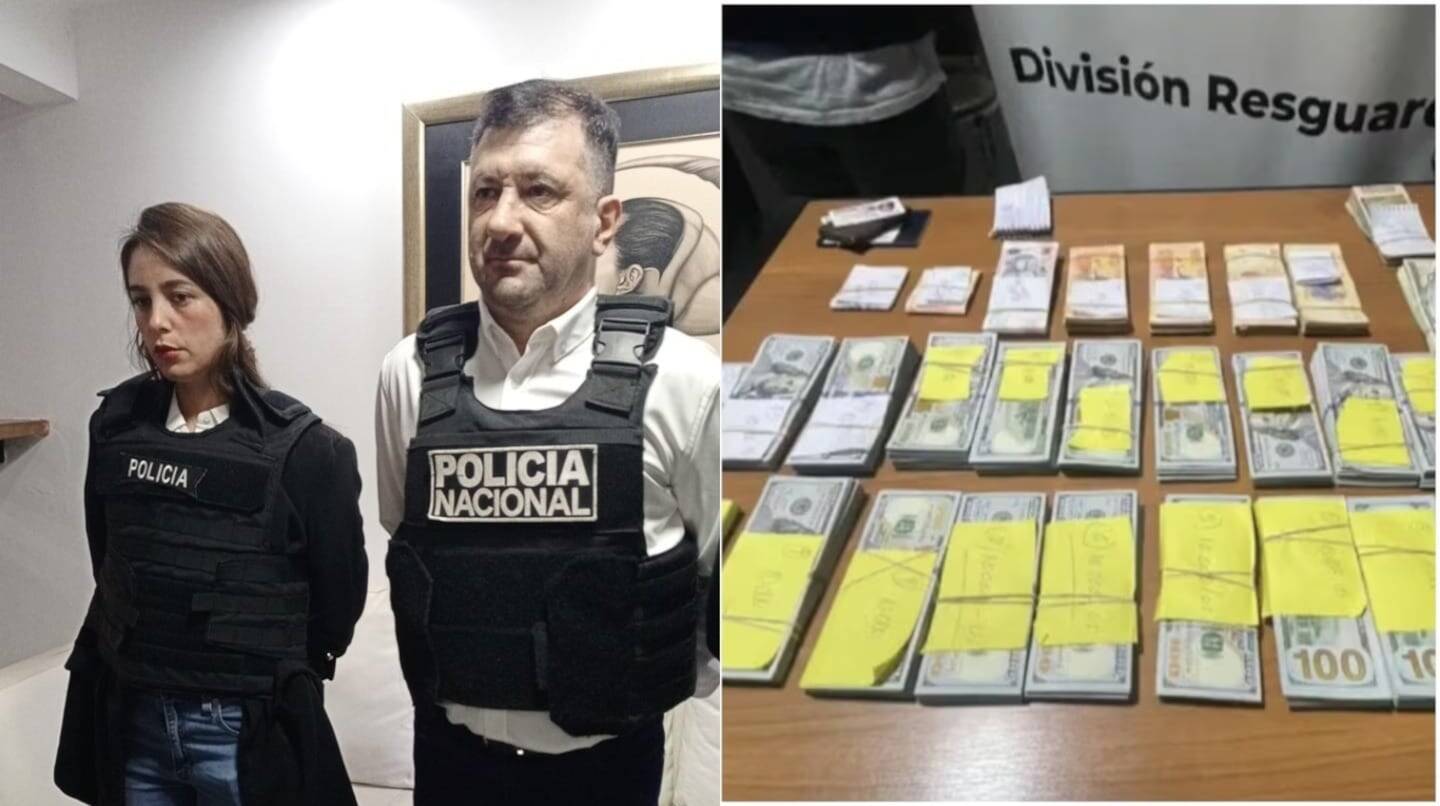 Detenidos de la Policía Nacional junto a dinero en efectivo en un operativo contra el lavado de dinero en Paraguay