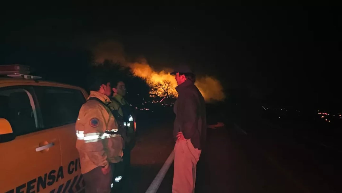 Bomberos y personal de defensa civil observan el incendio forestal en Cafayate durante la noche