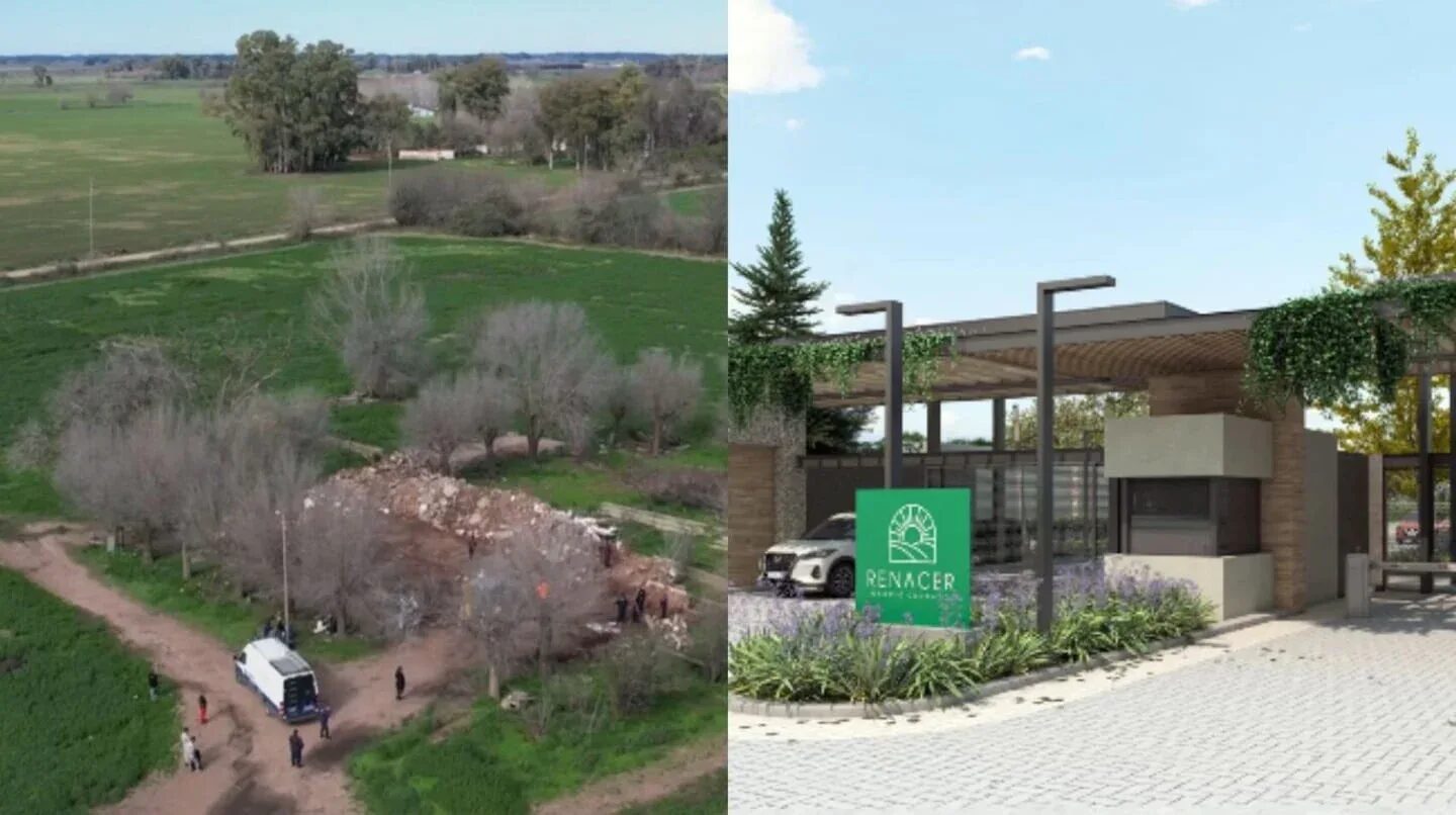 Vista aérea del lugar donde fue encontrado el cuerpo de Fernando Pérez Algaba y la representación del centro de rehabilitación Renacer