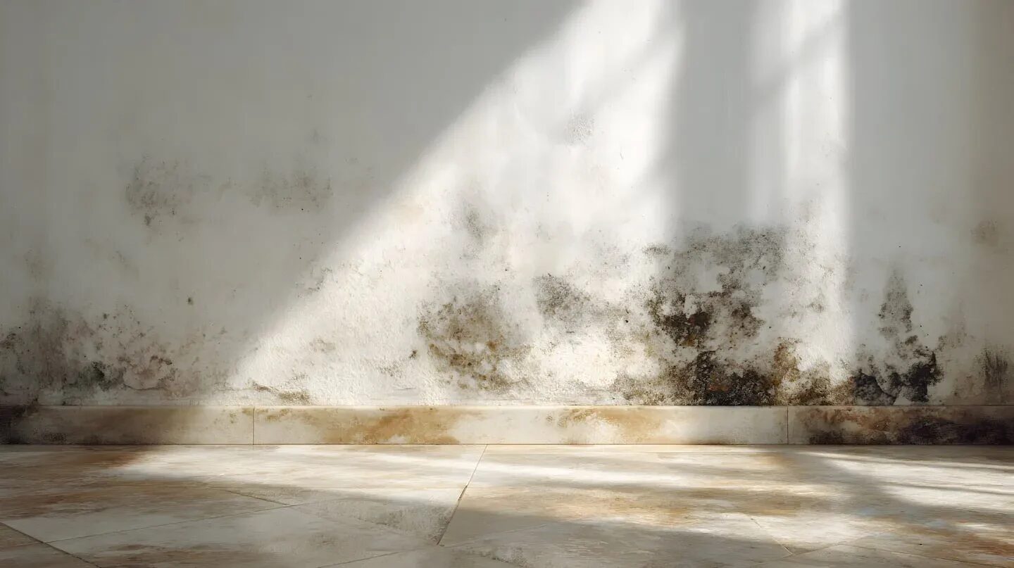 Pared con humedad y moho en una construcción