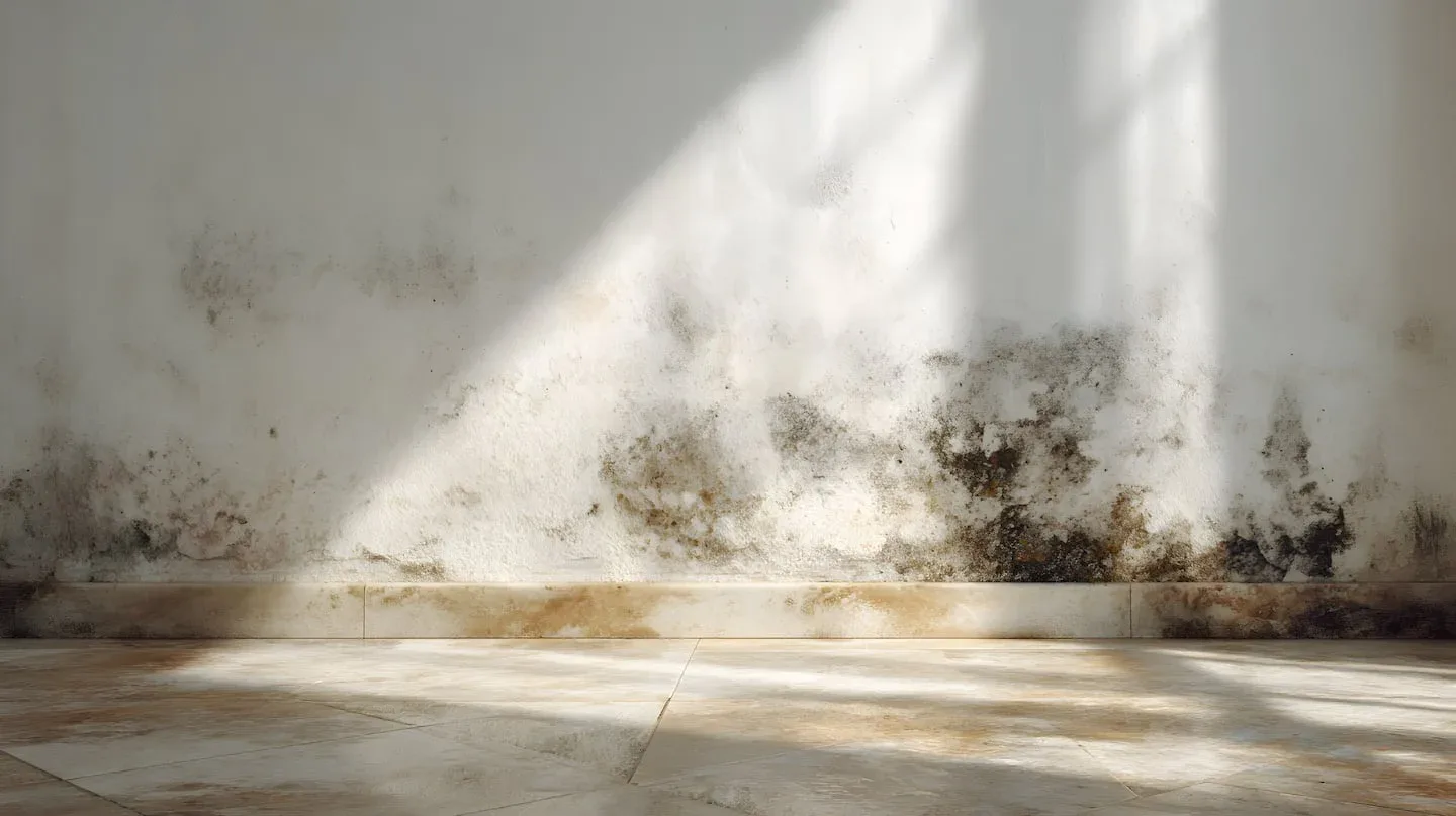 Pared con humedad y moho en una construcción