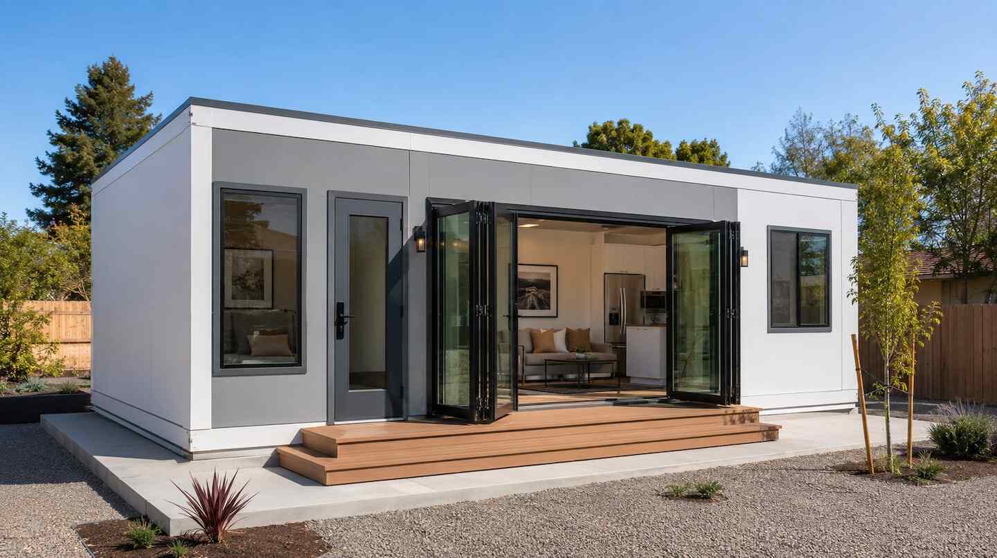 Casa modular BOXABL con puertas de vidrio abiertas y terraza