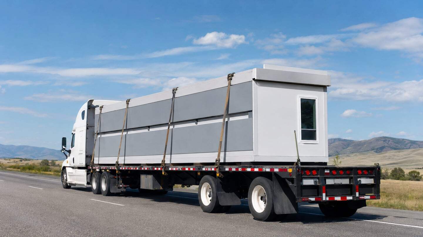 Camión transportando una casa modular BOXABL en una carretera