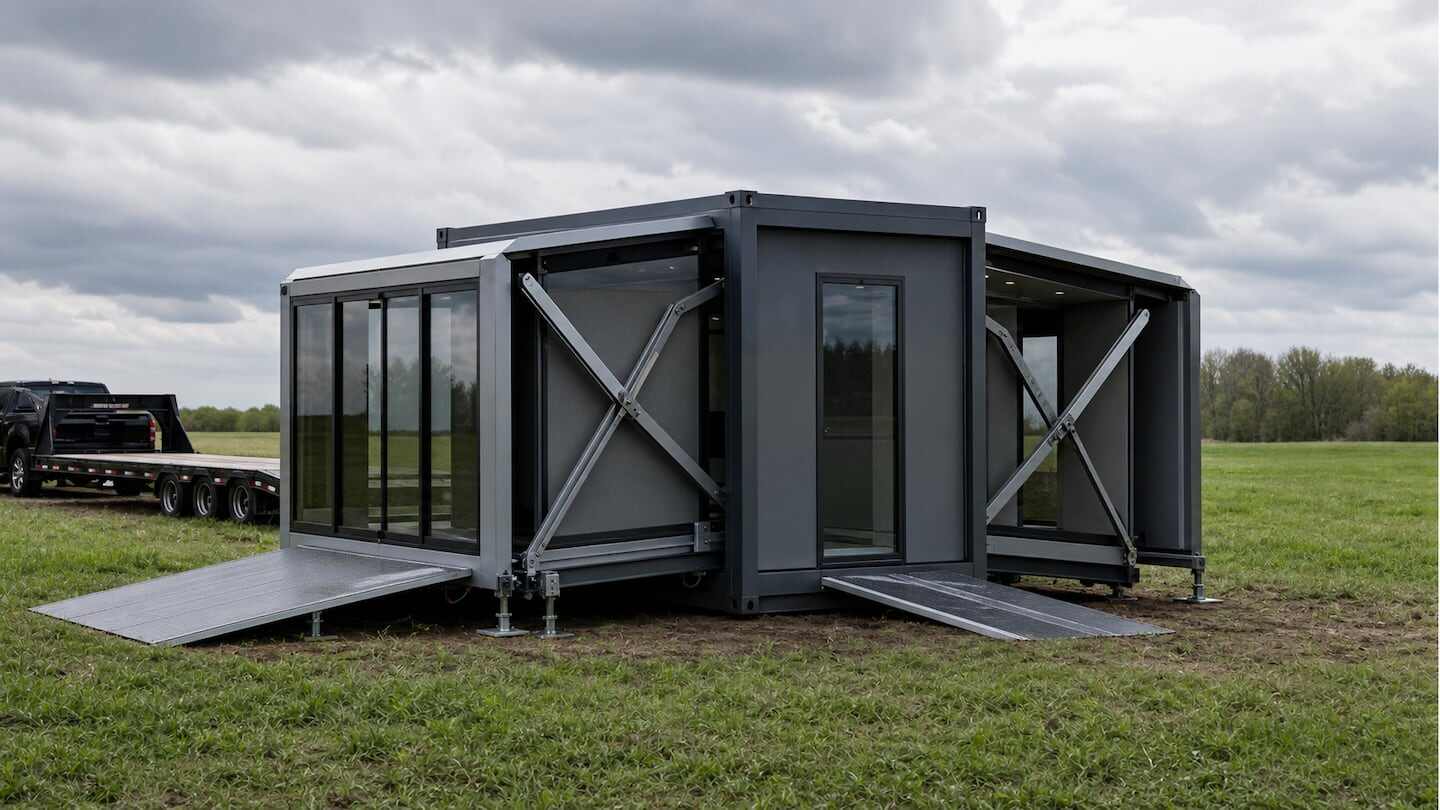 Casa plegable británica desplegada en un campo verde