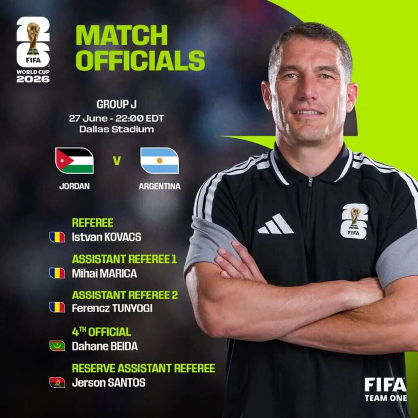 István Kovács, árbitro del partido entre Argentina y Jordania en el Mundial 2026