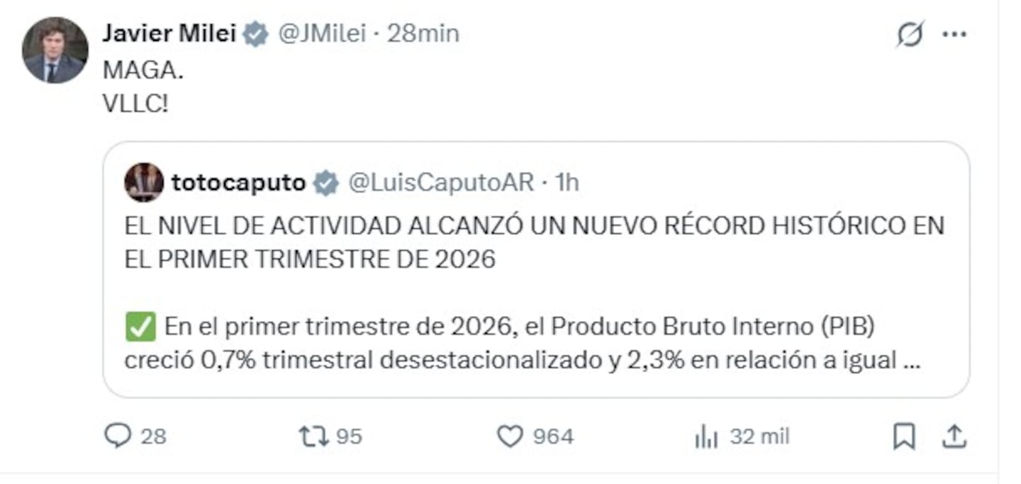 Javier Milei celebra el crecimiento del PBI en Argentina con un tweet
