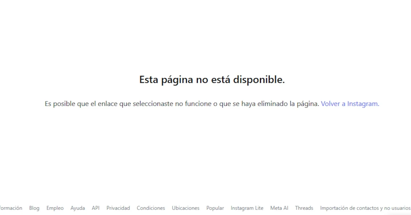 Pantalla de error de Instagram que indica que la página no está disponible
