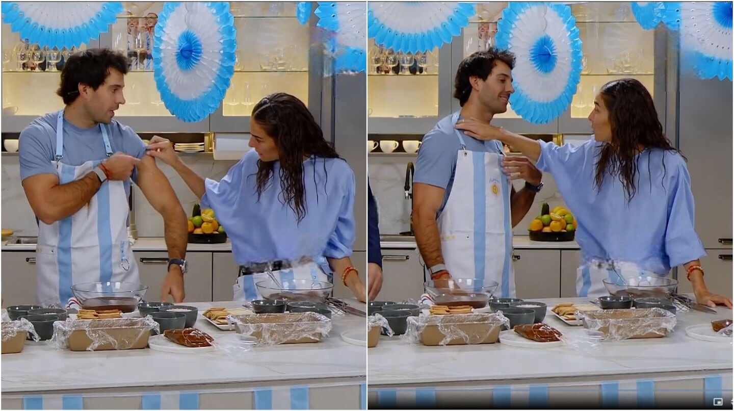 Juana Viale y Yago Lange cocinando juntos en una cocina moderna