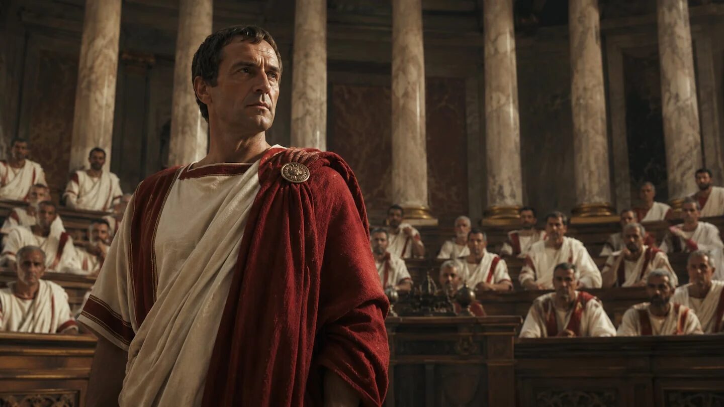 Julio César en un foro romano, rodeado de senadores