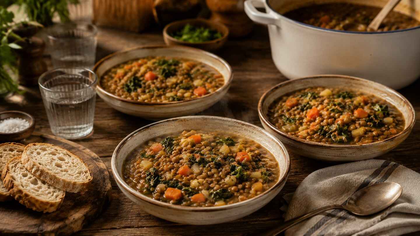 Tres platos de lentejas con acelga servidos en una mesa rústica