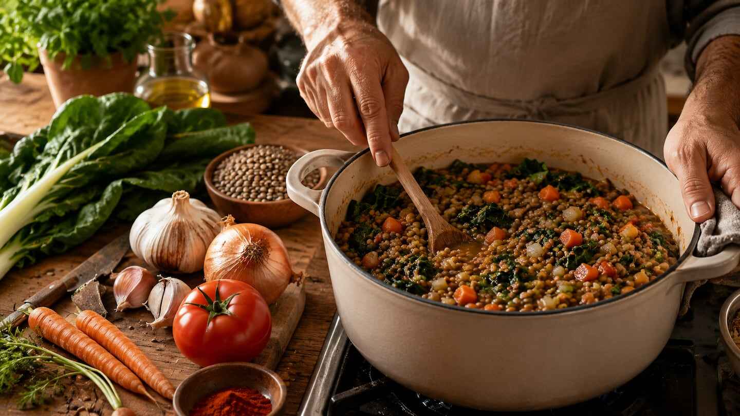 Chef Karlos Arguiñano cocinando lentejas con acelga en una olla