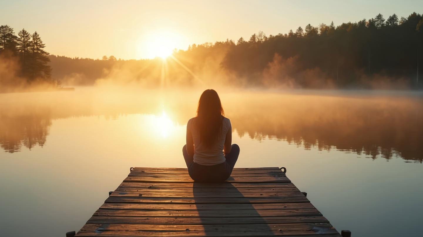 Persona sentada en un muelle frente a un lago al amanecer