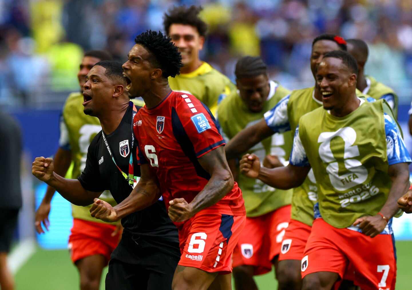 Kevin Pina celebra su gol de tiro libre en el Mundial 2026 contra Uruguay