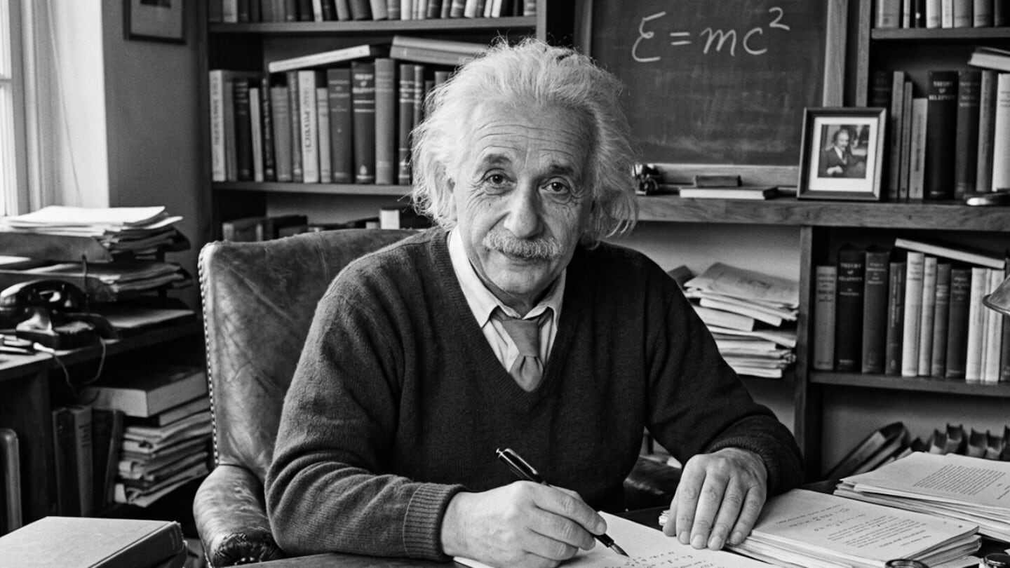 Albert Einstein sentado en su escritorio, escribiendo con una pluma