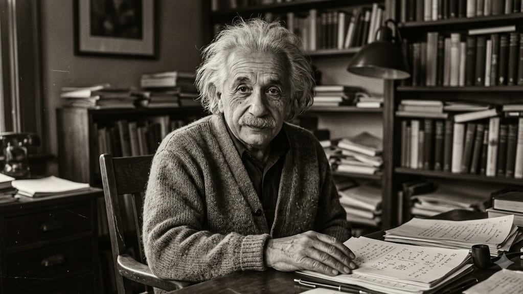 Retrato de Albert Einstein con fondo de laboratorio