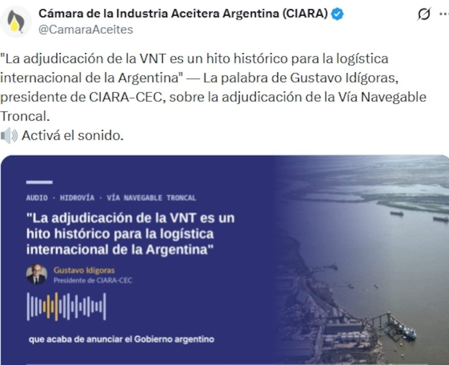 Gustavo Idígoras habla sobre la adjudicación de la Vía Navegable Troncal en un evento de la agroindustria