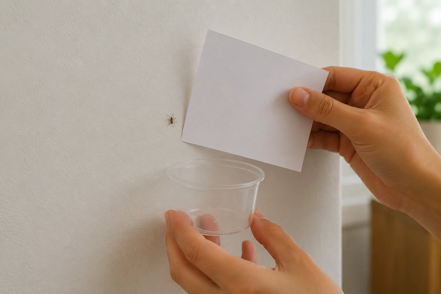Una persona captura una araña de pared con un vaso y una tarjeta en una pared blanca