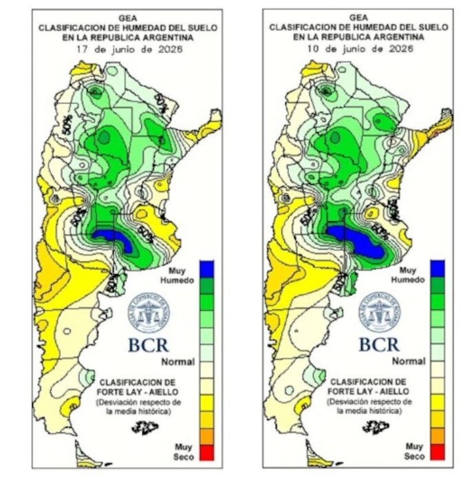 Mapa de clasificación de humedad del suelo en Argentina, mostrando variaciones entre el 17 de junio y el 10 de junio de 2026