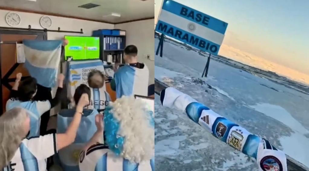 Celebración en la Base Marambio por el triunfo de la Selección argentina