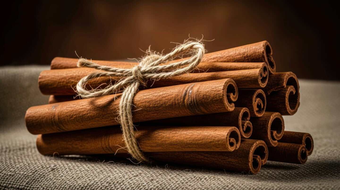 Ramas de canela atadas con cuerda sobre una superficie textil
