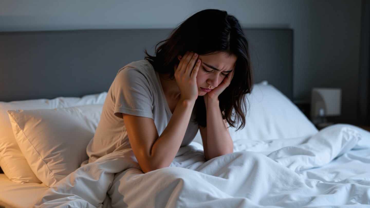 Mujer con expresión de preocupación sentada en la cama con las manos en la cabeza