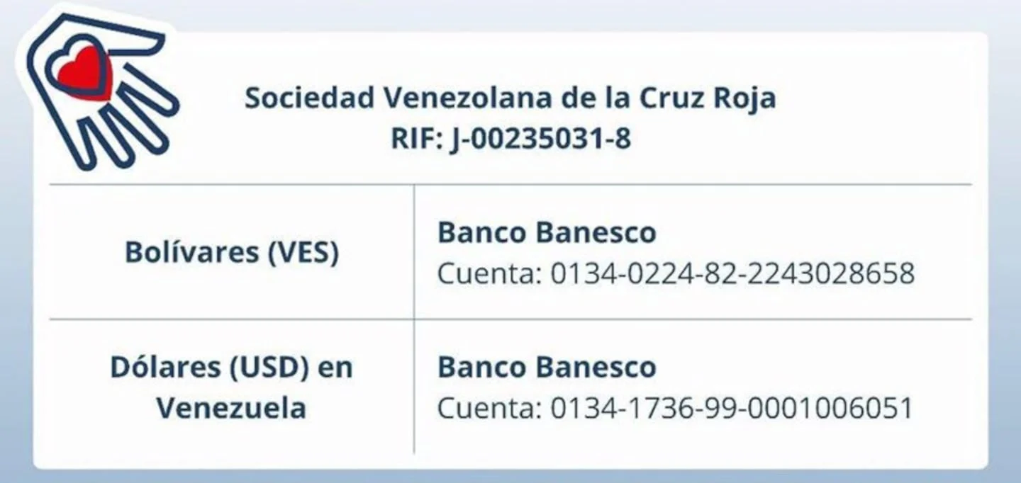 Información de cuentas bancarias para donaciones a la Cruz Roja Venezolana