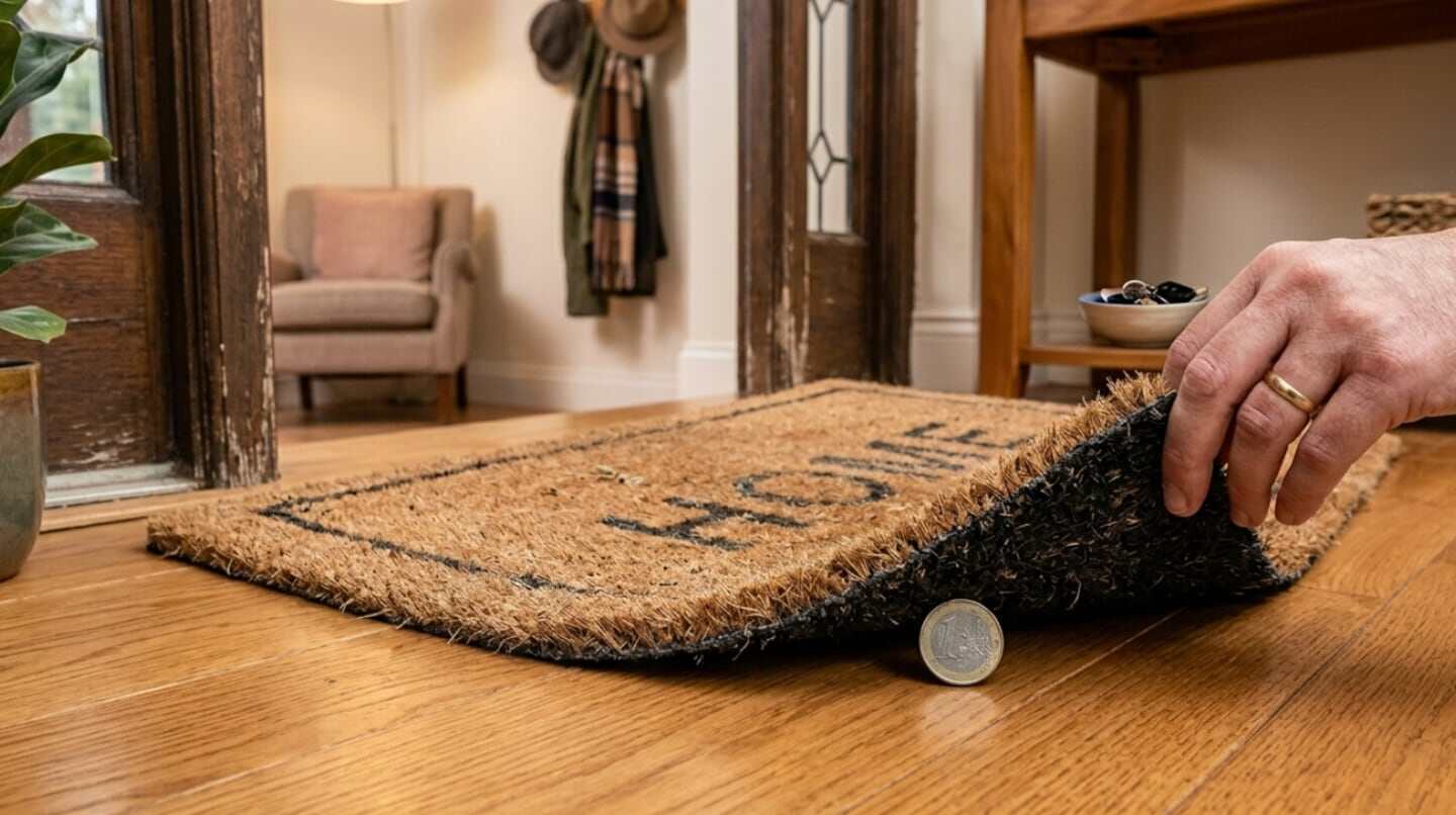 Una mano levantando una alfombra de entrada para revelar una moneda debajo