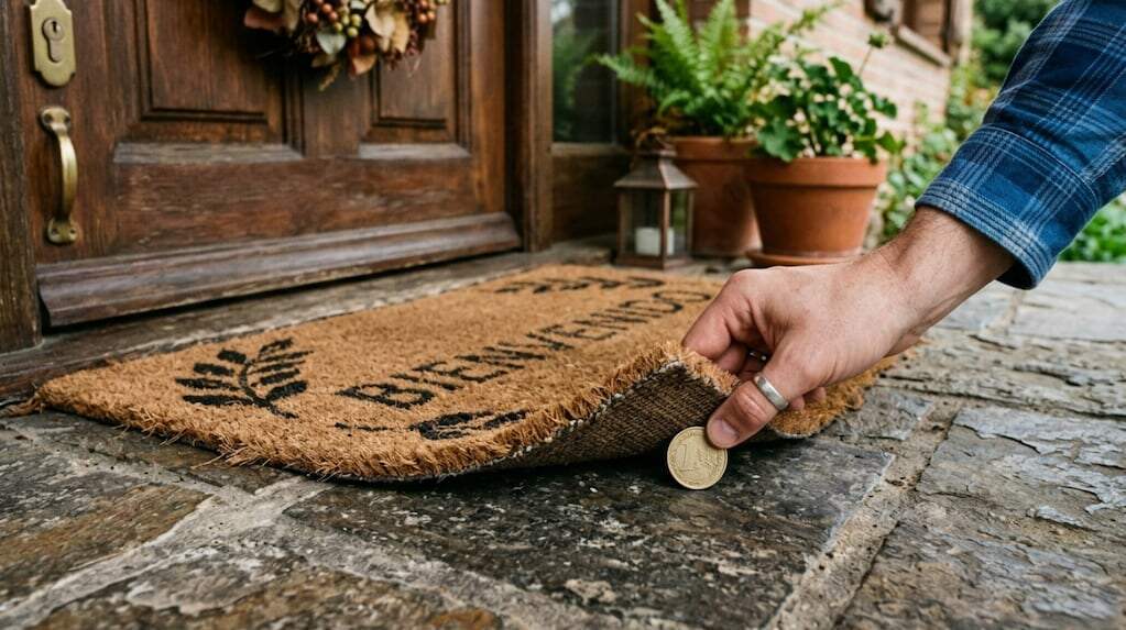 Moneda debajo de la alfombra en una entrada de casa