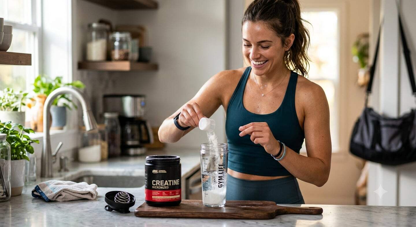 Mujer preparando un batido de creatina en la cocina