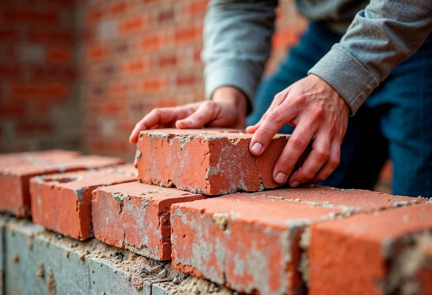 Manos de un albañil colocando ladrillos en una pared de construcción