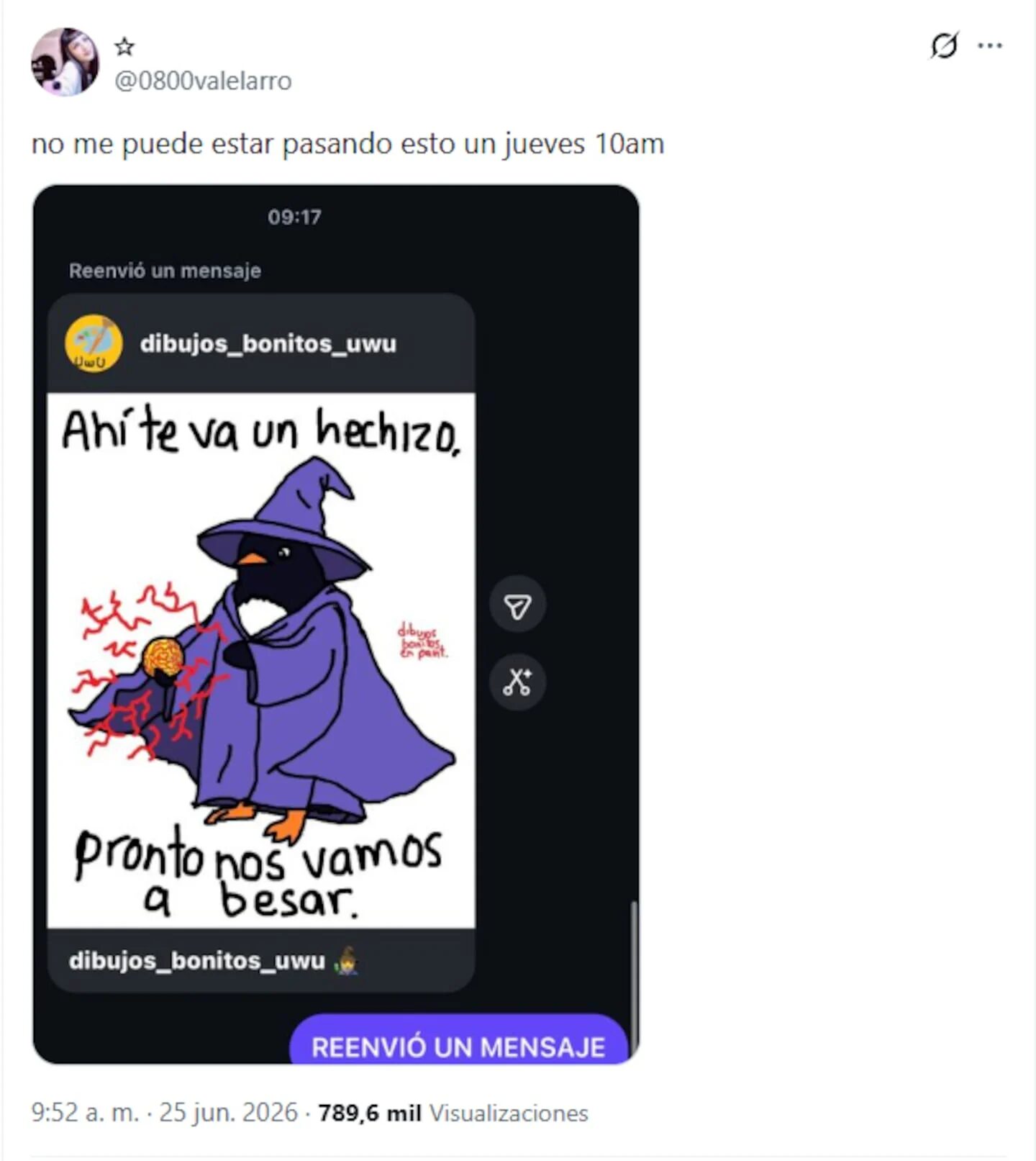Captura de pantalla de un mensaje de Instagram con un dibujo de un mago y un texto romántico