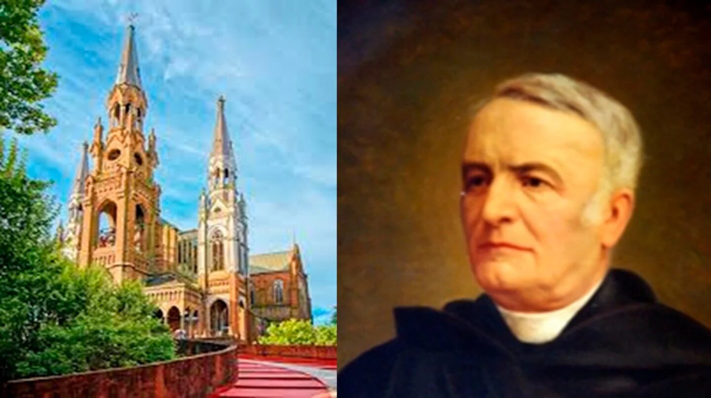 Iglesia en el barrio Manuelita y retrato de un sacerdote