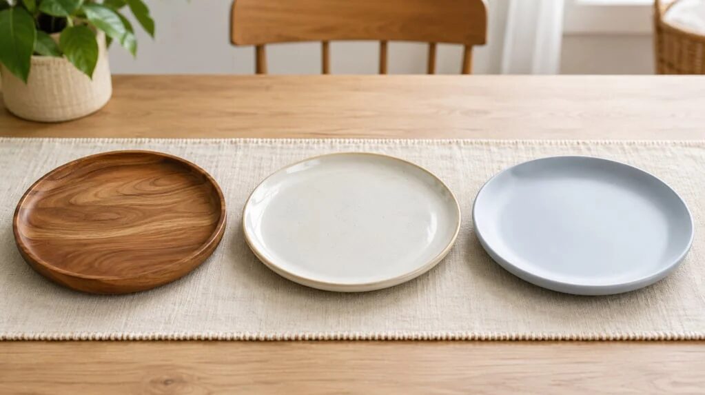 Platos de cerámica, madera y melamina