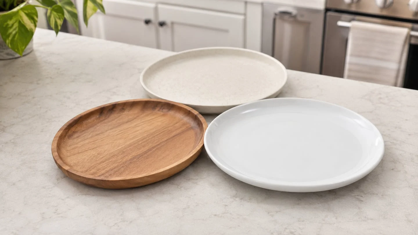 Tres platos de diferentes materiales: cerámica, madera y melamina sobre una mesa de cocina