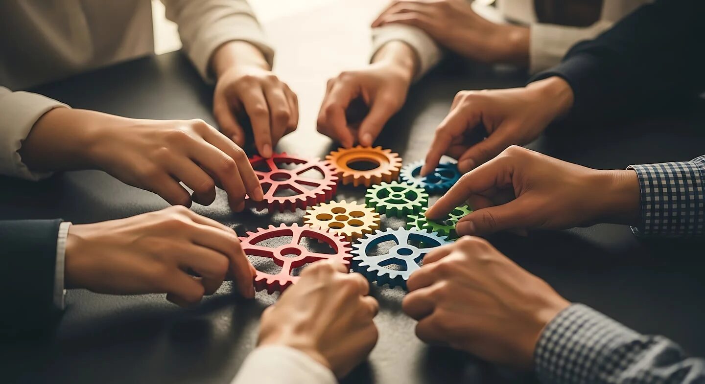 Manos colaborando en la unión de engranajes de colores sobre una mesa