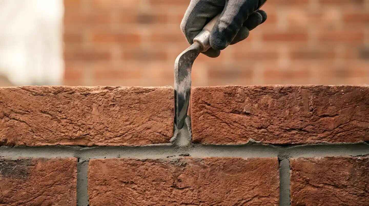 Mano con guante aplicando mortero en ladrillos en una obra de construcción