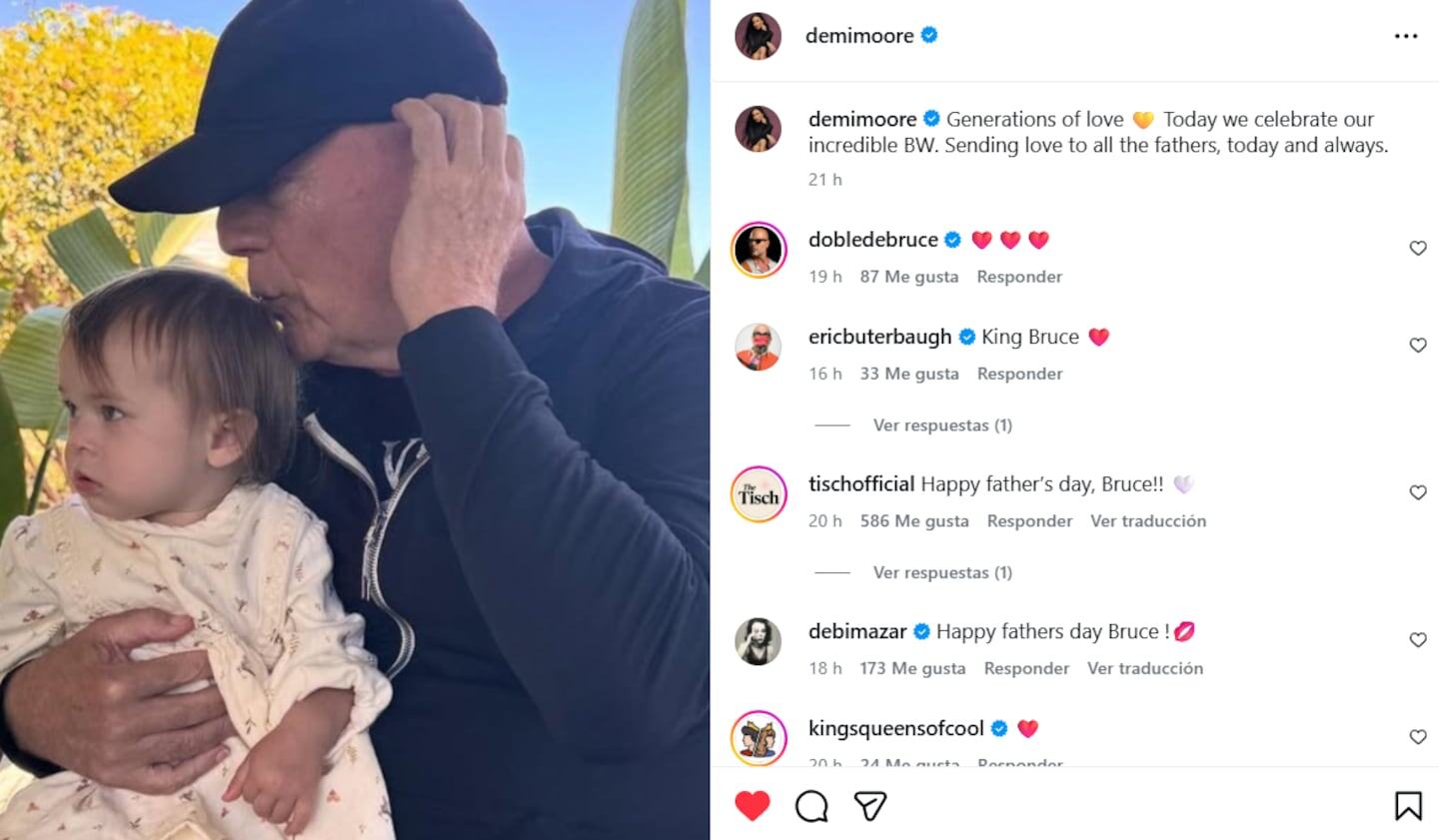 Bruce Willis sosteniendo a una niña en un entorno natural