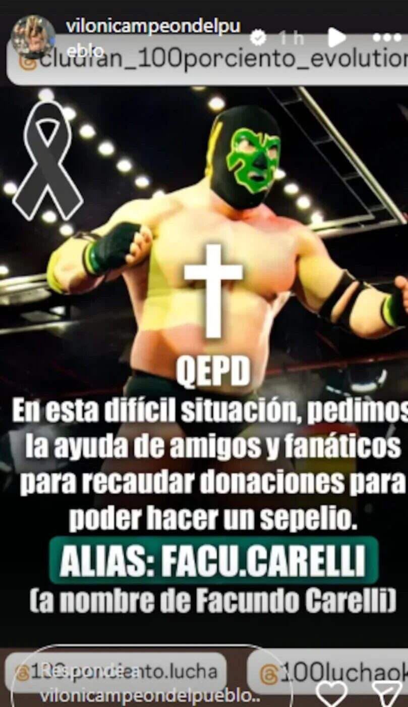 Luchador con máscara y cruz en el fondo, solicitando donaciones para el sepelio de Gorutta Jones