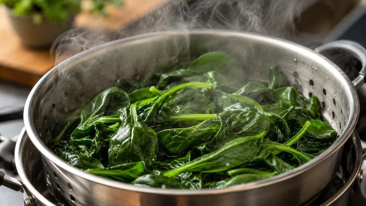 Espinaca cocinada al vapor en una olla con vaporera
