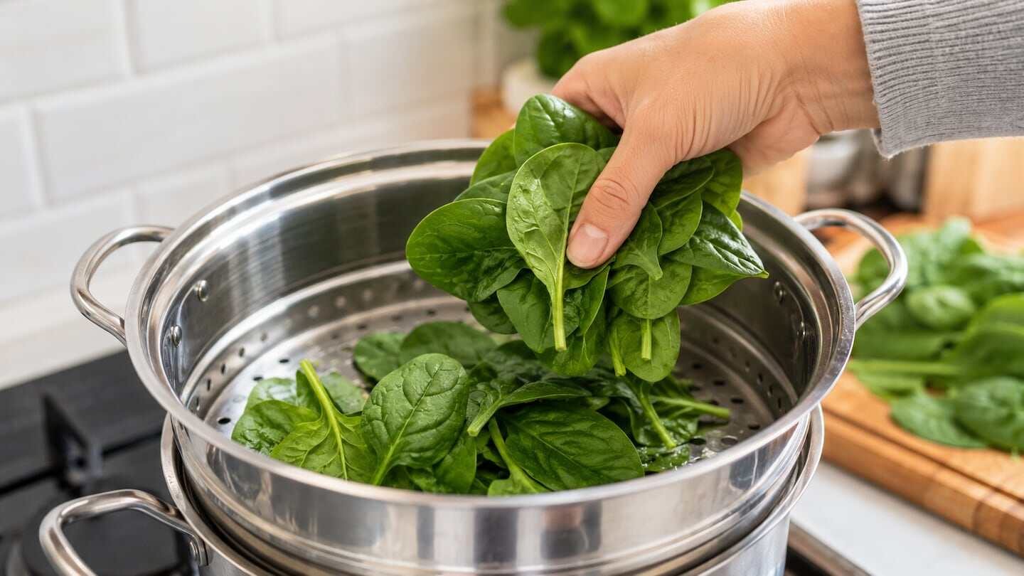 Persona colocando espinacas frescas en una olla de vapor