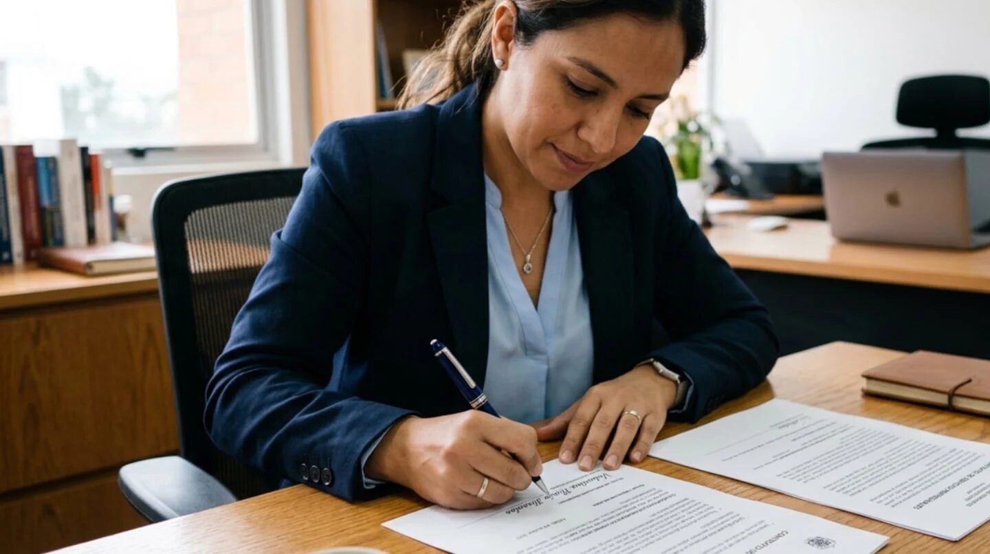 Mujer firmando documentos en un escritorio con un bolígrafo